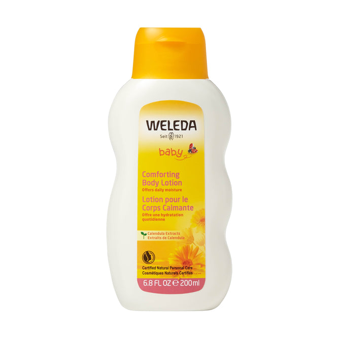 The Weleda Comforting Body Lotion for babies features a wavy bottle design with an orange and yellow label, highlighting calendula extracts and lipids to enhance daily moisture. It comes in a 6.8 fl oz (200 ml) bottle.