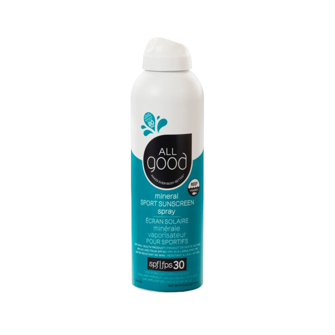 The white and turquoise Sport Sunscreen Spray - SPF 30 by All Good displays a leaf logo with English and French text. Packed with antioxidants, this reef-friendly sunscreen is water-resistant for 80 minutes, perfect for eco-conscious sun protection enthusiasts.