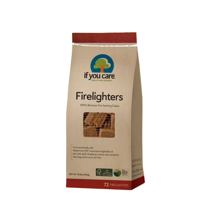 The packaging of If You Cares 100% Biomass Firelighters emphasizes environmentally friendly fire starters made from 100% biomass. These efficient cubes ignite up to 72 fires, merging eco-consciousness with VIP special pricing.