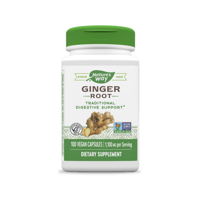 Natures Way Ginger Root offers traditional digestive support with 100 vegan capsules, each serving 1,100 mg. The non-GMO and gluten-free supplement features a ginger root image on the label.