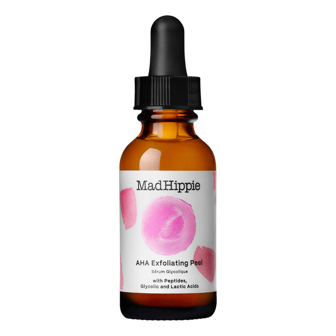 A brown glass dropper bottle of Mad Hippies AHA Exfoliating Peel features a white label with pink circles, highlighting peptides, glycolic, and lactic acids. This exfoliating serum uses alpha hydroxy acids to address hyperpigmentation.