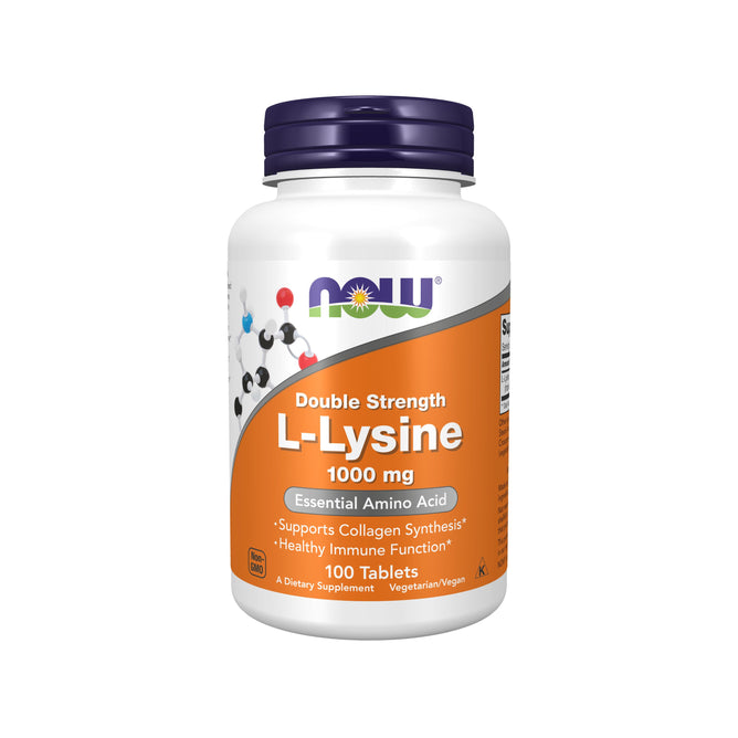 NOW Foods L-LYSINE 1000mg - For Healthy Immune Function supplement, offers 100 tablets per bottle. Its a vegetarian/vegan formula that supports immune function and collagen synthesis with essential amino acids, enhancing your health regimen.