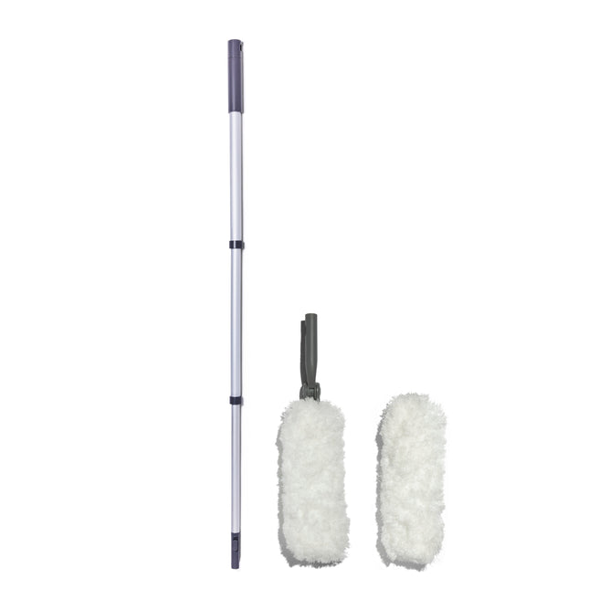 The Duster Starter Set by Grove Co. features a white and gray extendable duster with a collapsible universal handle and includes two interchangeable fluffy white heads for convenient refills that ensure efficient cleaning.