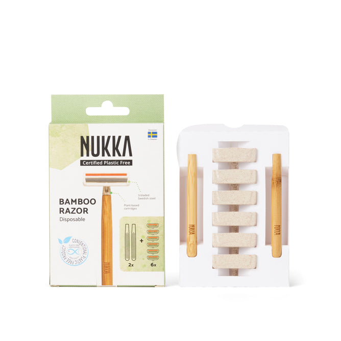 Nukkas Bamboo Razor and Refills feature Swedish steel cartridges in eco-friendly green and white packaging, showcasing product details as a sustainable shaving option.