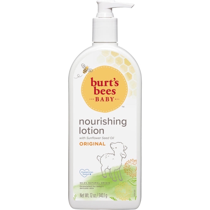 The Burts Bees Original Baby Nourishing Lotion is a 99.0% natural moisturizer featuring sunflower seed oil, a pump top, and bee and honeycomb design. It comes in a generous 12 oz (340 g) bottle for gentle care, decorated with sheep and flowers.