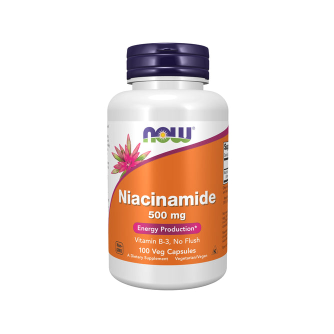 NOW Foods Niacinamide 500mg - For Energy Production is a Vitamin B-3 supplement in a white bottle with a purple cap. It features an orange label with white text and pink flowers and contains 100 vegetarian capsules, promoting energy production.