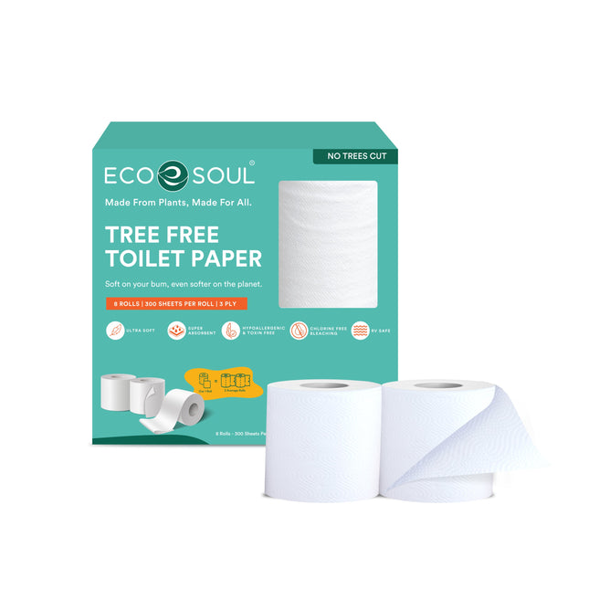 Image of Eco Souls green packaging for its 3-Ply Tree-Free Toilet Paper (300 sheets per roll), made from upcycled sugarcane fibers. The box features product images and emphasizes its eco-friendly, plant-based design with illustrations of the rolls and their sustainable benefits.