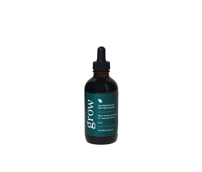 A dark dropper bottle labeled Plant Nutrient - Grow by Modern Sprout, containing 4 oz of organic-based nutrients for potted plants, supports water-soluble vegetative growth and is displayed upright on a white background.