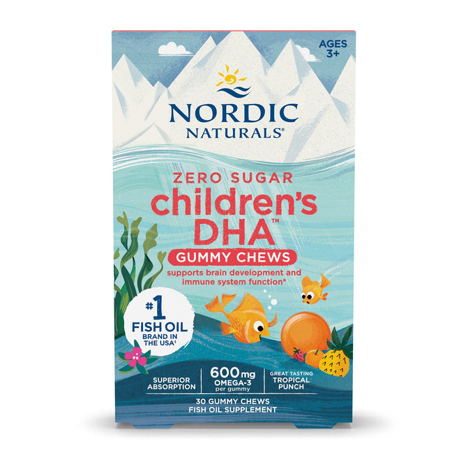 A pack of Nordic Naturals Childrens DHA Gummies, with vibrant fish and orange artwork in Tropical Punch flavor, offers 600 mg of omega-3s per serving, aiding brain development and immune function.