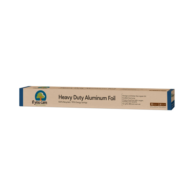 A rectangular box of If You Cares Heavy Duty Recycled Aluminum Foil is wrapped in a brown package with green and blue accents, emphasizing its 100% recycled aluminum and energy-efficient production, offering 50 sq ft or 29 sq m of eco-friendly convenience.