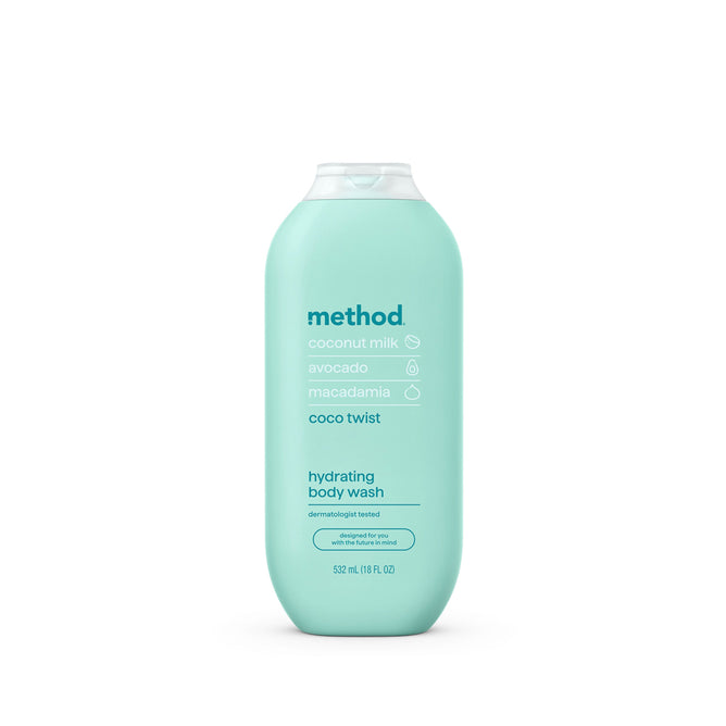 Methods hydrating coco twist, a dermatologist-tested body wash in a 532 mL (18 fl oz) light blue bottle, features a cruelty-free formula with coconut milk, avocado, and macadamia. The bottle is made from recycled plastic.