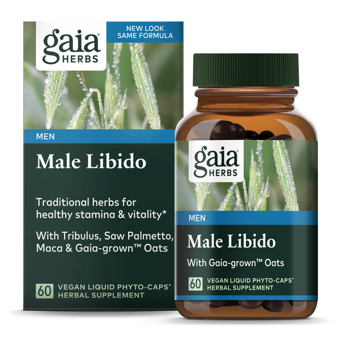 A box and bottle of Gaia Herbs Male Libido features green packaging with images of oats, emphasizing its powerful herbal formula for improved stamina and vitality. It contains 60 vegan liquid phyto-caps.
