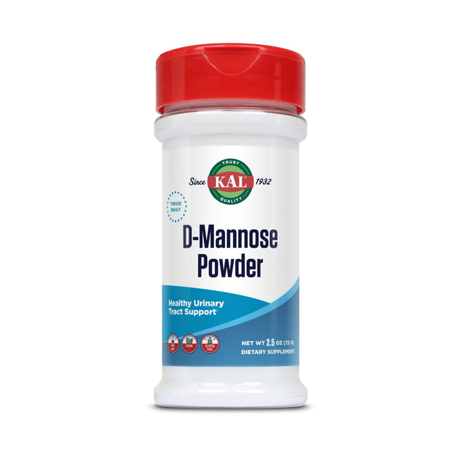 A KAL D-Mannose Powder container features a white body, red lid, and label highlighting Healthy Urinary Tract Support with quality assurance seals. It is designed to aid bladder health and contains 2.5 oz (71 g) of powder.