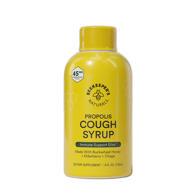A yellow bottle of Beekeepers Naturals Propolis Cough Syrup is shown on a white background, highlighting immune-supportive ingredients such as buckwheat honey, elderberry, and chaga, with 45mg of propolis per serving. The dietary supplement bottle contains 4 fl oz (118 mL).