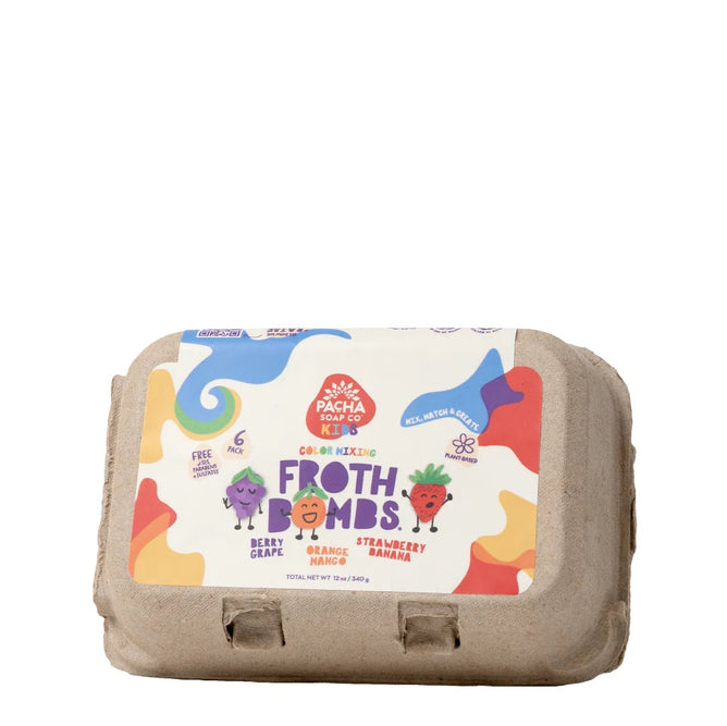Pacha Soap Co.s Kids Froth Bomb Set egg carton features colorful grape and strawberry illustrations, with Berry Grape, Orange Mango, and Strawberry Banana varieties. It offers Color Mixing Fun, Kid Kind Bath Fun, and kid-safe skin-nourishing formulas for enjoyable bath times.