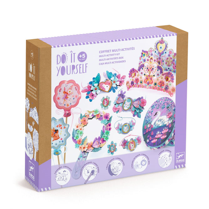 DJECOs Nymphea DIY Multi Activity Kit, for ages 5+, offers a vibrant crafting experience using FSC® certified paper with flower-themed activities like a crown, bracelet, and swan. The box features step-by-step instructions and examples at the bottom.