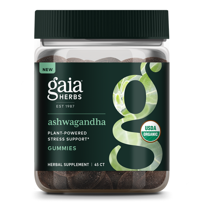 A jar of Gaia Herbs Ashwagandha Gummies with a green label displaying the Gaia Herbs logo features Plant-Powered Stress Support and USDA Organic. This dietary supplement offers 45 herbal gummies for stress reduction.