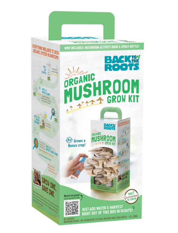 The Back to the Roots Organic Mushroom Grow Kit comes in a white box with colorful text and mushroom images, and includes a spray bottle, an activity book, and inspiring photos for your growing adventure.