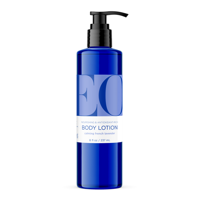 The blue EO Products Body Lotion in an 8 fl oz pump bottle features a label with EO and offers nourishing, antioxidant-rich care. Infused with jojoba oil, the calming French lavender formula promises enhanced hydration and soothing benefits.