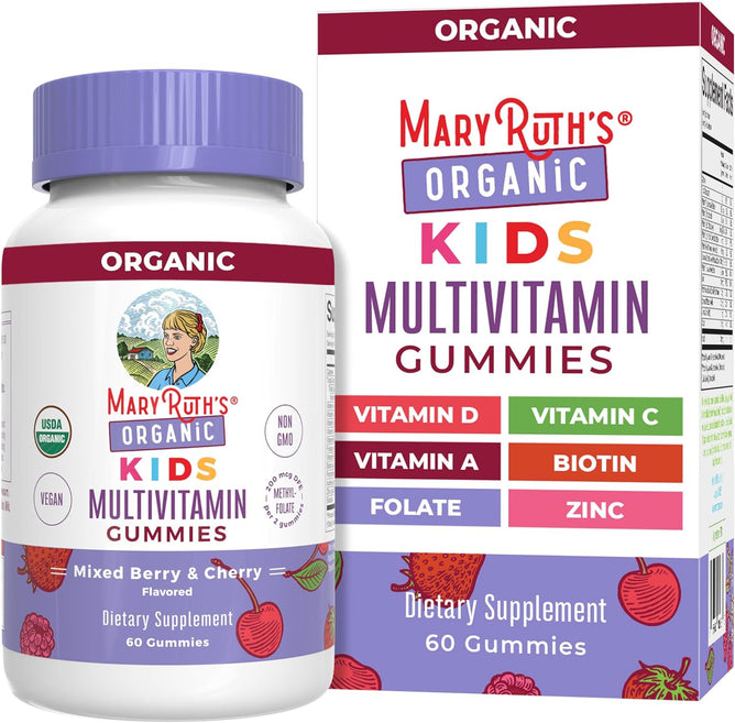 MaryRuths Kids Multivitamin Gummies come in vibrant, berry-themed packaging featuring USDA Organic logos. These vegan gummies support childrens health with Vitamin D, C, A, Biotin, Folate, and Zinc and include 60 gummies per bottle and box.