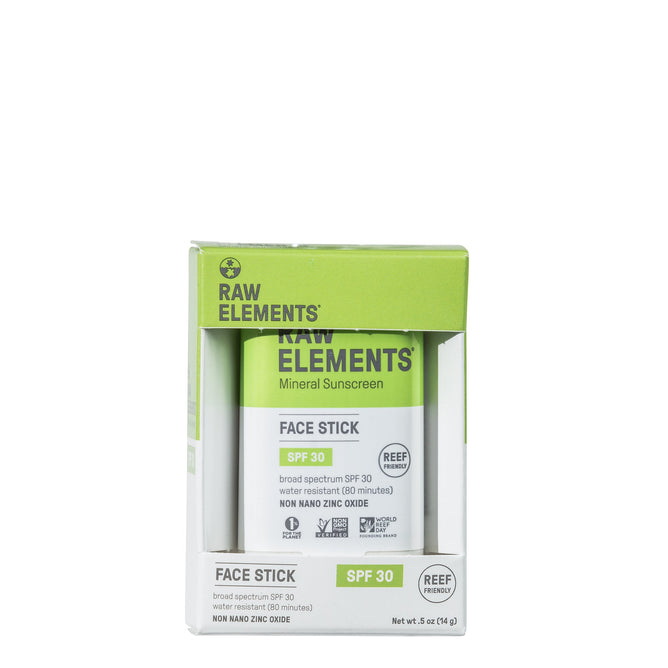 The Raw Elements Face Stick - SPF 30, in green and white packaging, is a 0.5 oz (14 g) stick offering reef-friendly, broad-spectrum sun protection using non-nano zinc oxide and antioxidants for safe, eco-conscious skincare.
