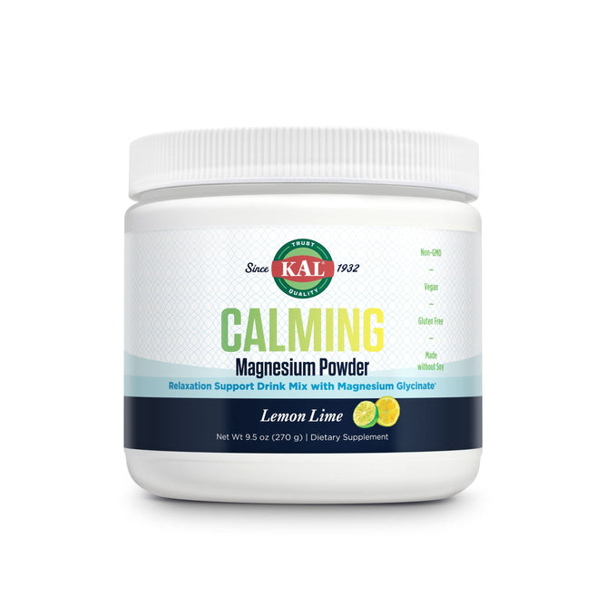 KAL Calming Magnesium Powder, in a 9.5 oz white jar, offers relaxation support with high absorption magnesium glycinate and a refreshing lemon-lime flavor. This vegan, non-GMO drink mix is gluten-free, soy-free, and free from artificial colors.