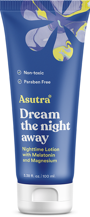 The Asutra Dream the Night Away Melatonin Lotion in blue packaging provides a soothing nighttime experience with magnesium. It is non-toxic, paraben-free, contains 3.38 fl. oz. (100 ml), and has a yellow and white abstract design near the top.