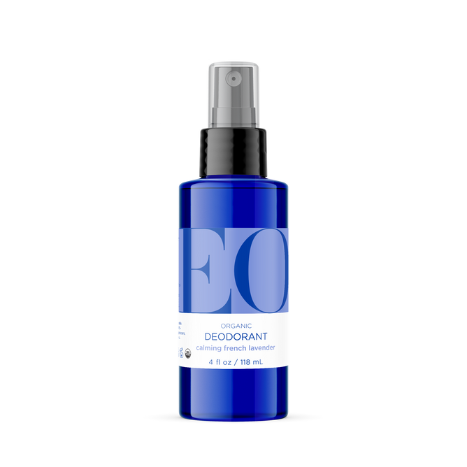 The EO Products Deodorant Spray is a 4 fl oz (118 mL) blue bottle with a calming French Lavender scent, subtly infused with organic sugarcane. It features a sleek black spray nozzle for easy application.
