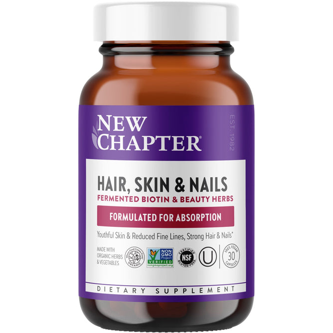 A brown bottle labeled Hair Skin & Nails, for Youthful Skin & Reduced Fine Lines by New Chapter features a purple cap and contains fermented biotin and astaxanthin to boost skin elasticity, reduce fine lines, and strengthen hair and nails. It displays NSF, non-GMO, USDA organic, and vegan symbols.