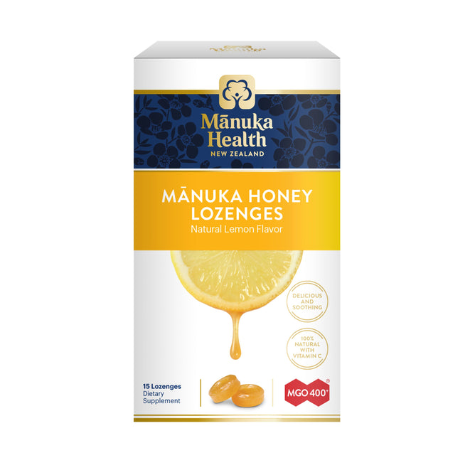 Manuka Healths Manuka Honey Lozenges feature a zesty lemon flavor and highlight MGO 400+ and 100% Natural with Vitamin C on packaging with a lemon slice and honey drips. Each box contains 15 soothing lozenges.
