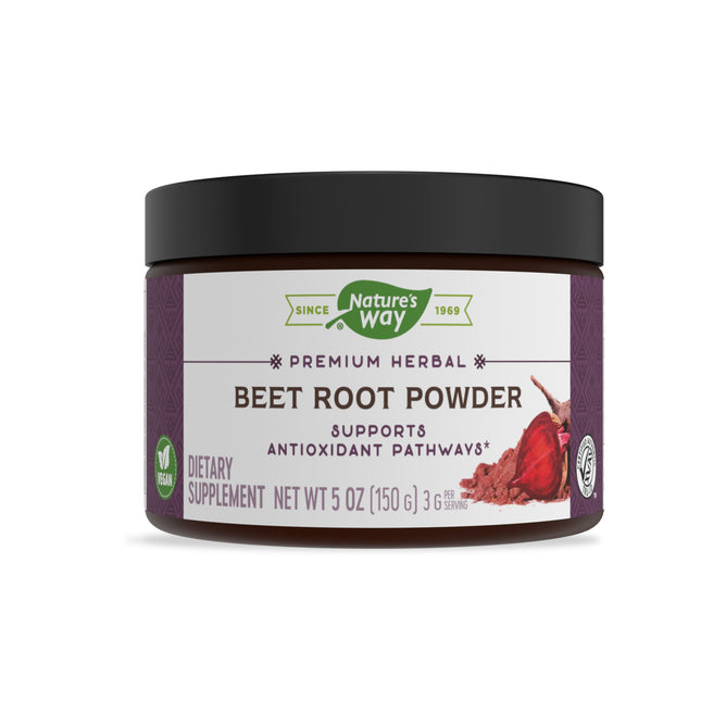 Natures Way Beet Root Powder, rich in phytonutrients, supports antioxidant pathways. The dark jar has a purple and white label featuring a seal and vegan icon. Net weight: 5 oz (150 g).