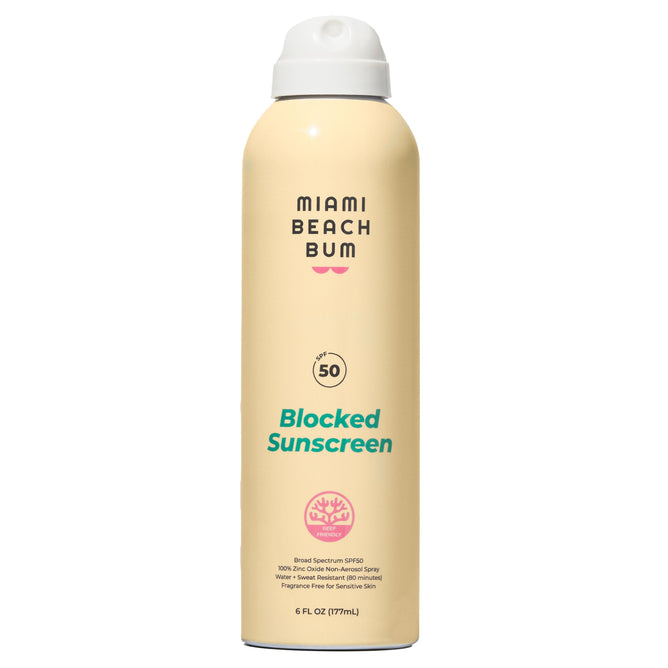 Miami Beach Bums Blocked BOV Spray provides broad spectrum SPF 50 protection. The beige cylinder is reef-friendly, fragrance-free, and contains 6 fl oz (177 ml).
