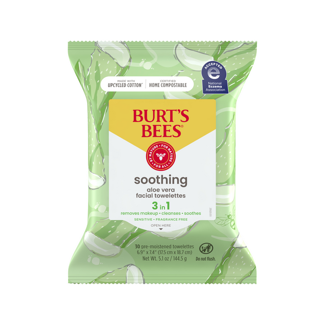 Burts Bees Facial Cleansing Towelettes, 30 count, come in green packaging with aloe vera illustrations. They are designed to remove makeup, cleanse, and soothe, using upcycled cotton. These eco-friendly wipes are certified home compostable.