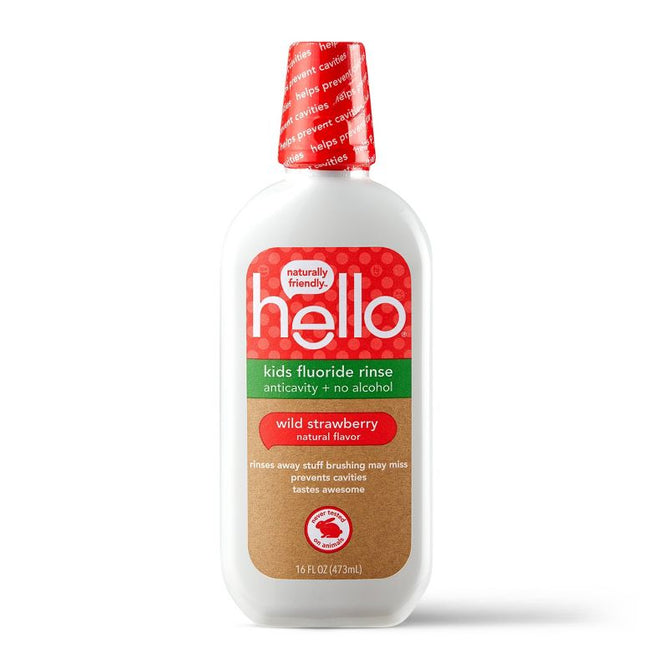 Hellos Kids Wild Strawberry Anticavity Mouthwash comes in a 16 FL OZ (473 mL) white bottle with a red cap. Featuring anticavity benefits, alcohol-free content, and natural flavoring, this wild strawberry-flavored mouthwash helps keep kids smiles healthy.