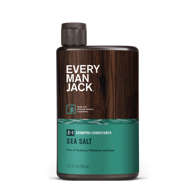 The Every Man Jack 2-in-1 Shampoo + Conditioner in Sea Salt scent, with 13.5 fl oz (400 ml), has a wood-textured label and is formulated with moisturizing glycerin, free from parabens, phthalates, and dyes.