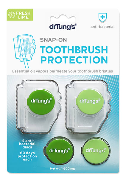 Dr. Tungs Snap On Toothbrush Protection includes four green, round discs infused with essential oils and fresh lime flavor. These antibacterial discs ensure 60-day toothbrush protection.