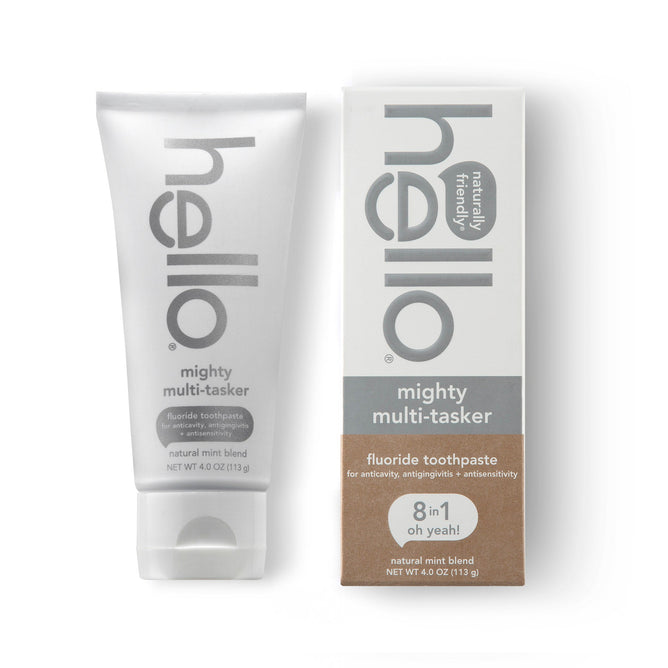 The hello brands Mighty Multi-Tasker Multi-Benefit Fluoride Toothpaste is an 8 in 1 oh yeah! product that features anti-cavity properties, whitening abilities, and a blend of natural mint for fresh breath.