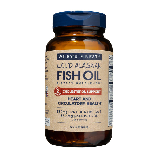 The brown bottle of Wileys Finest Wild Alaskan Fish Oil - Cholesterol Support features omega-3 benefits for heart health and includes 90 softgels to aid circulatory wellness.