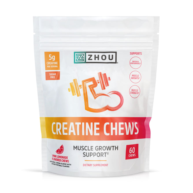 Zhou Nutritions Creatine Chews Gummy package features a flexing arm holding a dumbbell and highlights 5g creatine monohydrate per sugar-free serving. It includes 60 pink lemonade flavored chews for muscle growth support.