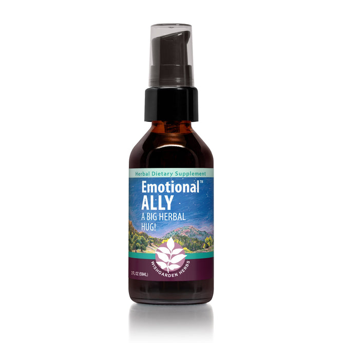 A 2 fl. oz. dark amber bottle of WishGarden Herbs Emotional Ally, featuring a black pump and mountain landscape label reading A Big Herbal Hug! contains calming herbs for peace in every drop.