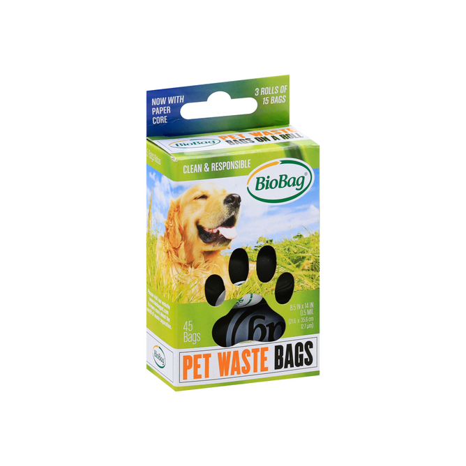 A box of Pet Waste Bags Rolls by BioBag features a cheerful golden retriever in a field, containing 45 bags—three rolls of 15 each. The green and orange packaging emphasizes their eco-friendly design for responsible pet care.