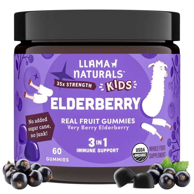 Llama Naturals Kids Real Fruit Elderberry Gummies feature a playful llama and elderberry design on a purple label. They highlight 35x Strength, Real Fruit Gummies, and 3 in 1 Immune Support. The jar offers 60 immune-boosting gummies with the USDA Organic logo assuring authenticity.