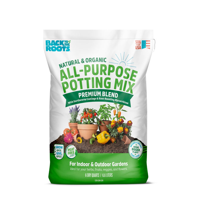 Back to the Roots All-Purpose Soil Potting Mix is a peat-free blend with earthworm castings and mycorrhizae, suitable for indoor and outdoor gardens, and is available in 6 dry quarts (6.6 liters).