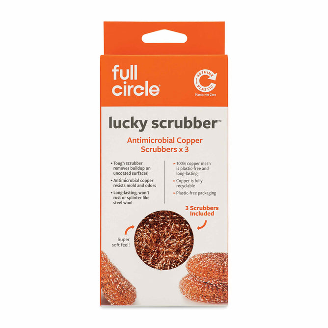 Full Circles Copper Scourer Set packaging highlights antimicrobial copper scrubbers ideal for cookware cleaning, emphasizes durability and eco-friendly materials, and includes three copper scourers. The orange package features product information and images of the scrubbers.