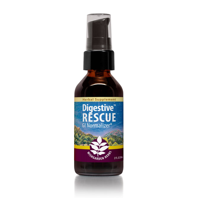 The 2 fl oz (60 ml) small amber bottle of Digestive Rescue - GI Normalizer by WishGarden Herbs features a spray cap, non-GMO ingredients, and a mountainous landscape on the label, along with Herbal Supplement.