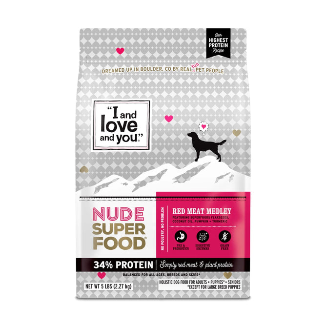 A 5 lb bag of I and Love and You Dog Kibble - Nude Food Red Meat Medley Recipe features a black dog silhouette on a mountain. This 34% protein, grain-free, natural option is perfect for adult dogs of all breeds and sizes.
