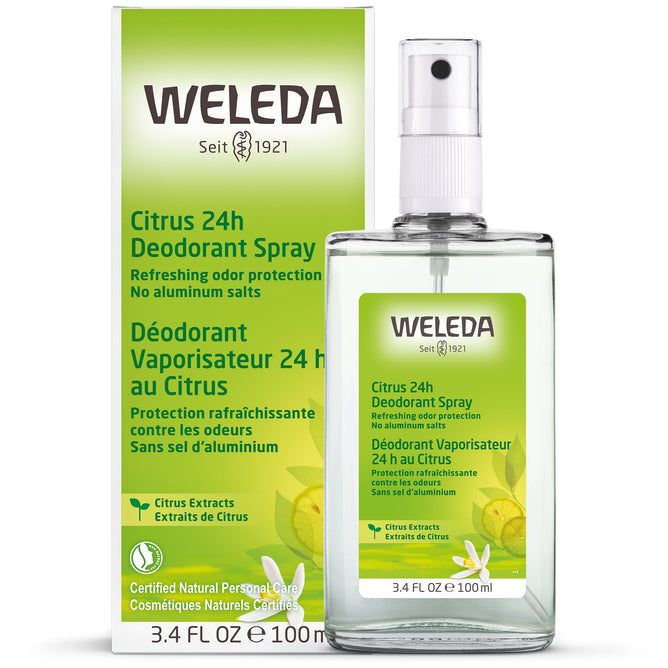 The image displays Weledas Citrus 24h Deodorant Spray, a refreshing citrus-scented, aluminum-free formula in a clear bottle with a spray nozzle. It offers 24-hour odor protection and contains 3.4 fl oz (100 ml) of natural goodness.