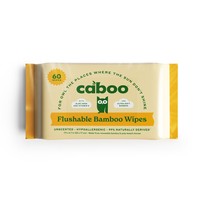 Package of Caboo Flushable Wipes with 60 unscented, hypoallergenic wipes enriched with aloe vera and vitamin E. Eco-friendly packaging with an owl highlights the sustainable bamboo used for a gentle, responsible clean.