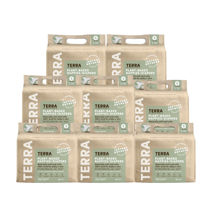 Diapers - One Month Supply by Terra are stacked in a pyramid, each pack featuring a green label. Made from plant-based materials, the brown packs offer breathable dryness with 10-hour protection and no harmful chemicals.