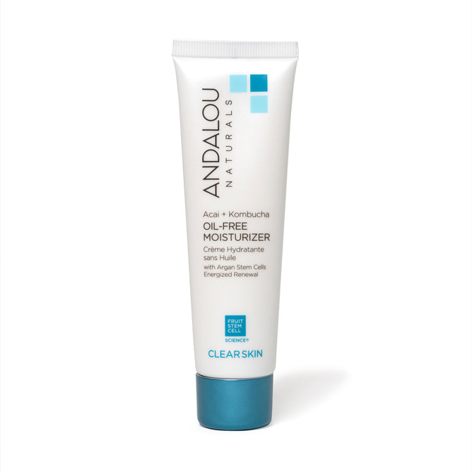 The Andalou Naturals Clear Skin Acai + Kombucha Oil-Free Moisturizer comes in a sleek white tube with blue accents, highlighting its Fruit Stem Cell Science. Enriched with Acai, Kombucha, and fruit stem cells for clear skin.